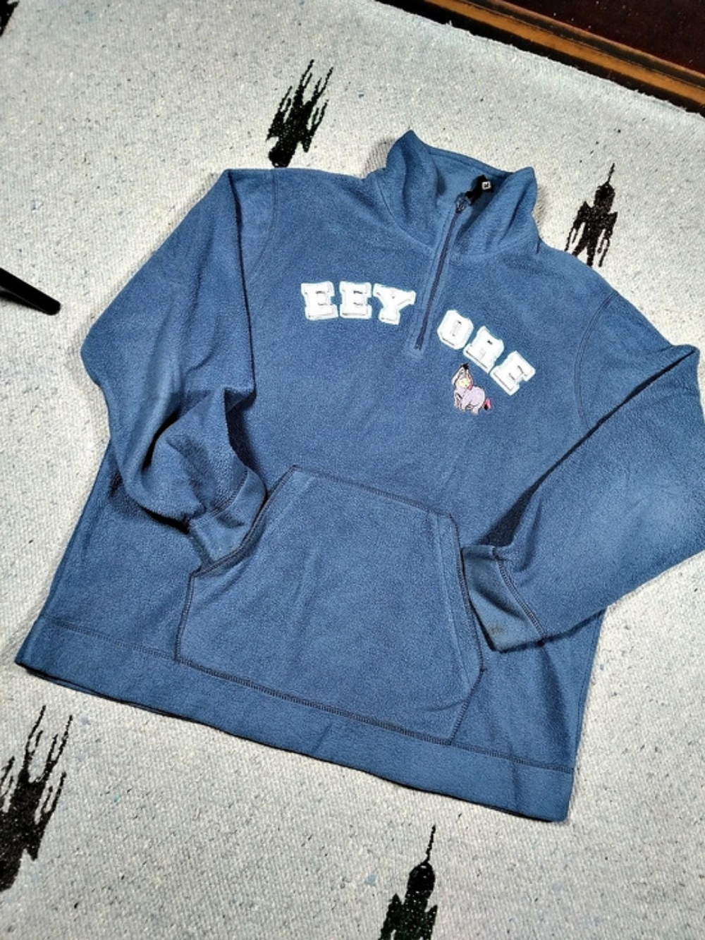 Disney Eeyore Blue Fleece 1/2 Zip Heavy Distressing Pullover Jacket Adult XL